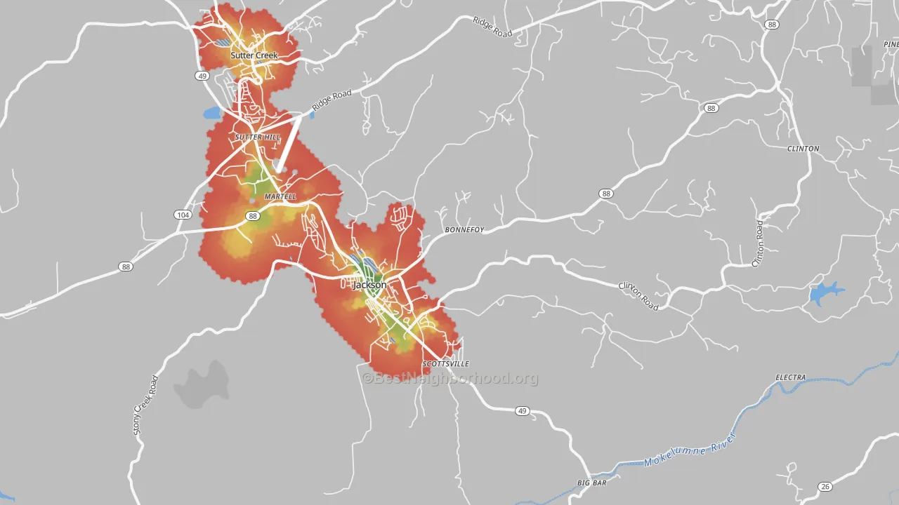 Walk Grade map of Jackson, CA, walkable areas in green and car-dependent areas in red