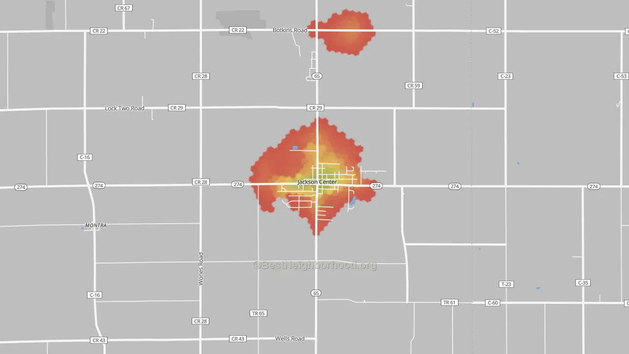 Walk Grade map of Jackson Center, OH, walkable areas in green and car-dependent areas in red