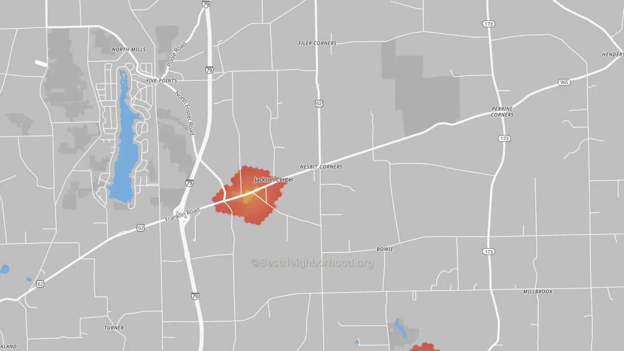 Walk Grade map of Jackson Center, PA, walkable areas in green and car-dependent areas in red