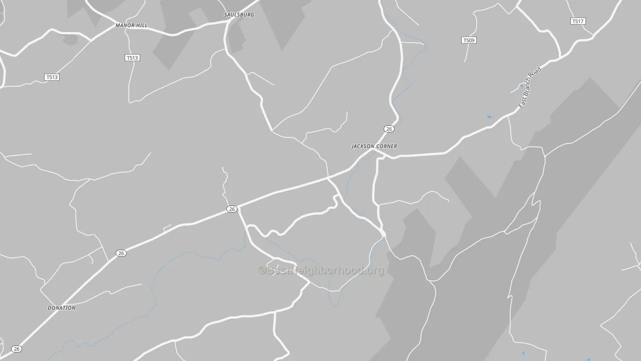 Walk Grade map of Jackson Corner, PA, walkable areas in green and car-dependent areas in red