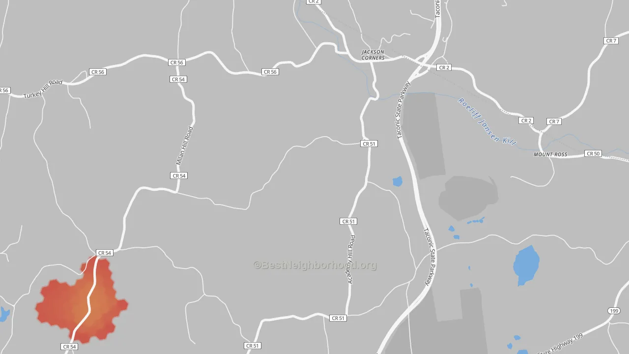 Walk Grade map of Jackson Corners, NY, walkable areas in green and car-dependent areas in red