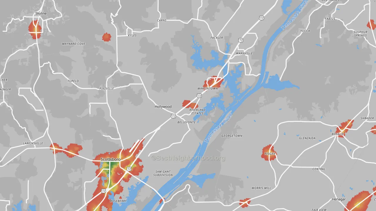 Walk Grade map of Jackson County, AL, walkable areas in green and car-dependent areas in red