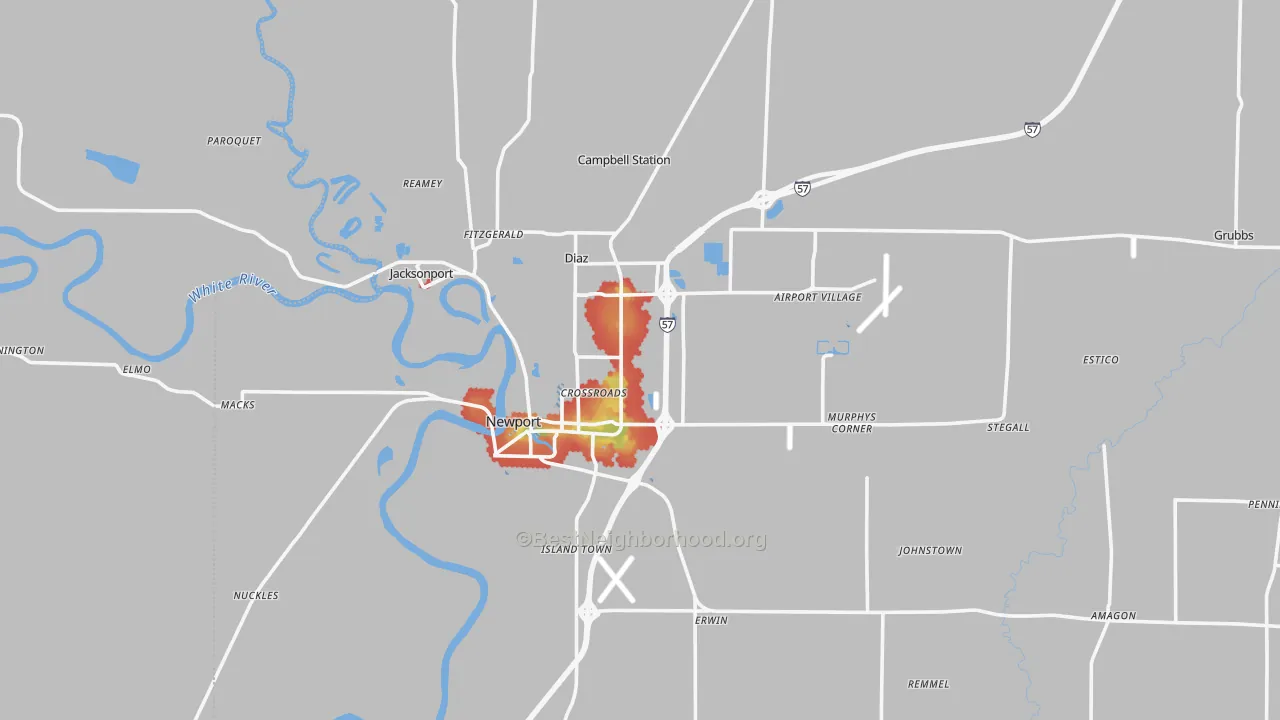 Walk Grade map of Jackson County, AR, walkable areas in green and car-dependent areas in red