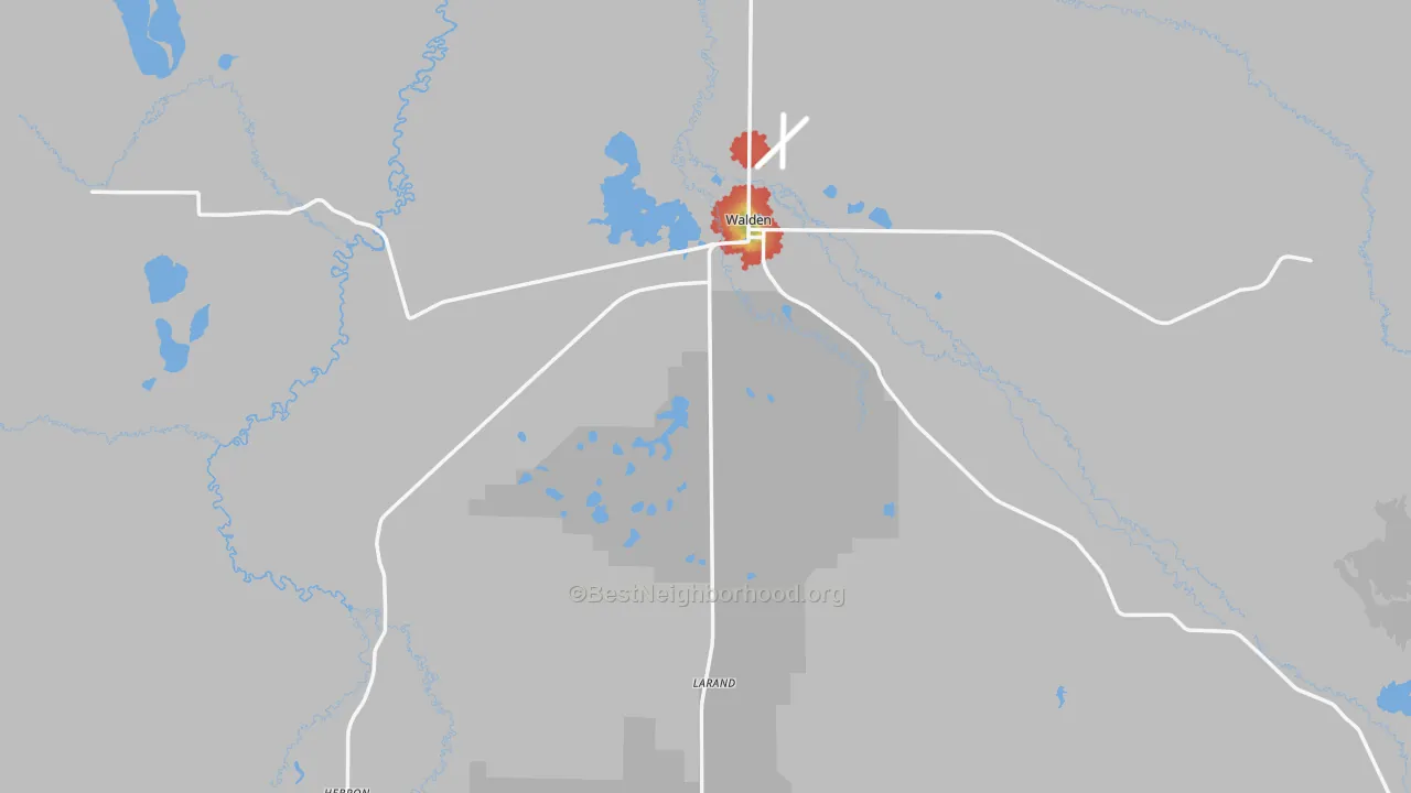 Walk Grade map of Jackson County, CO, walkable areas in green and car-dependent areas in red