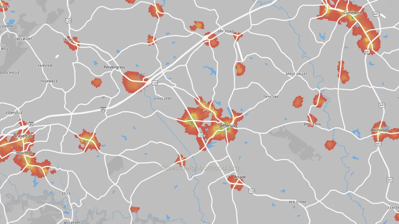Walk Grade map of Jackson County, GA, walkable areas in green and car-dependent areas in red