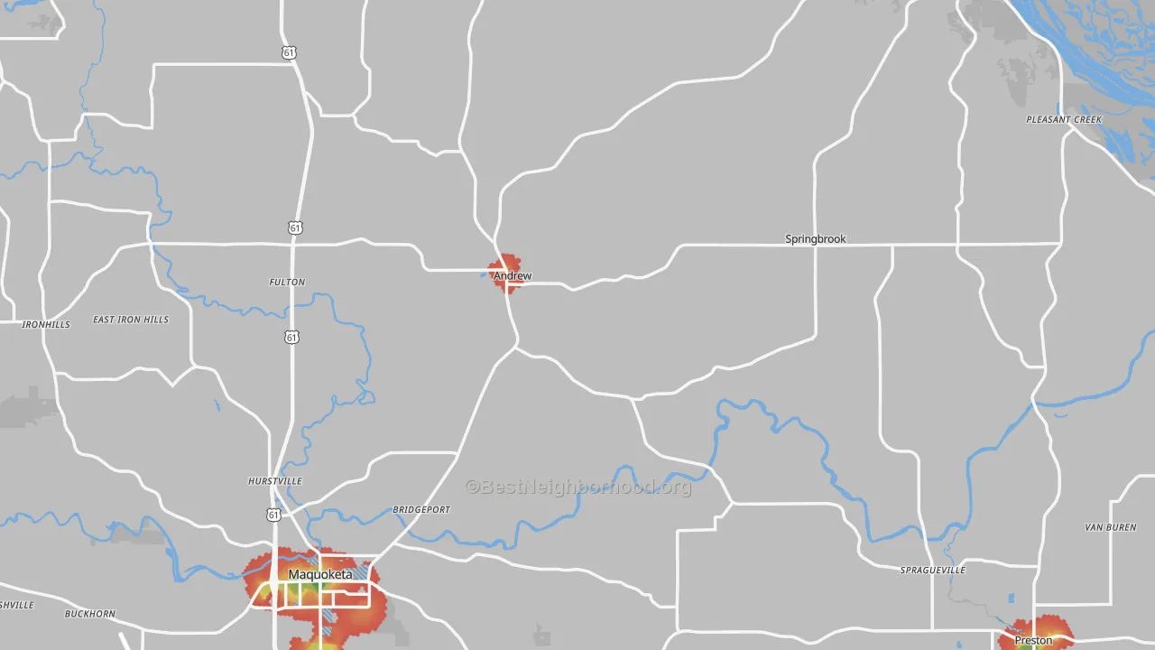 Walk Grade map of Jackson County, IA, walkable areas in green and car-dependent areas in red