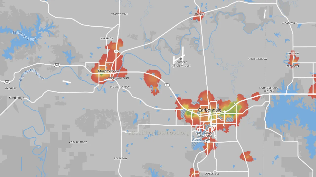 Walk Grade map of Jackson County, IL, walkable areas in green and car-dependent areas in red