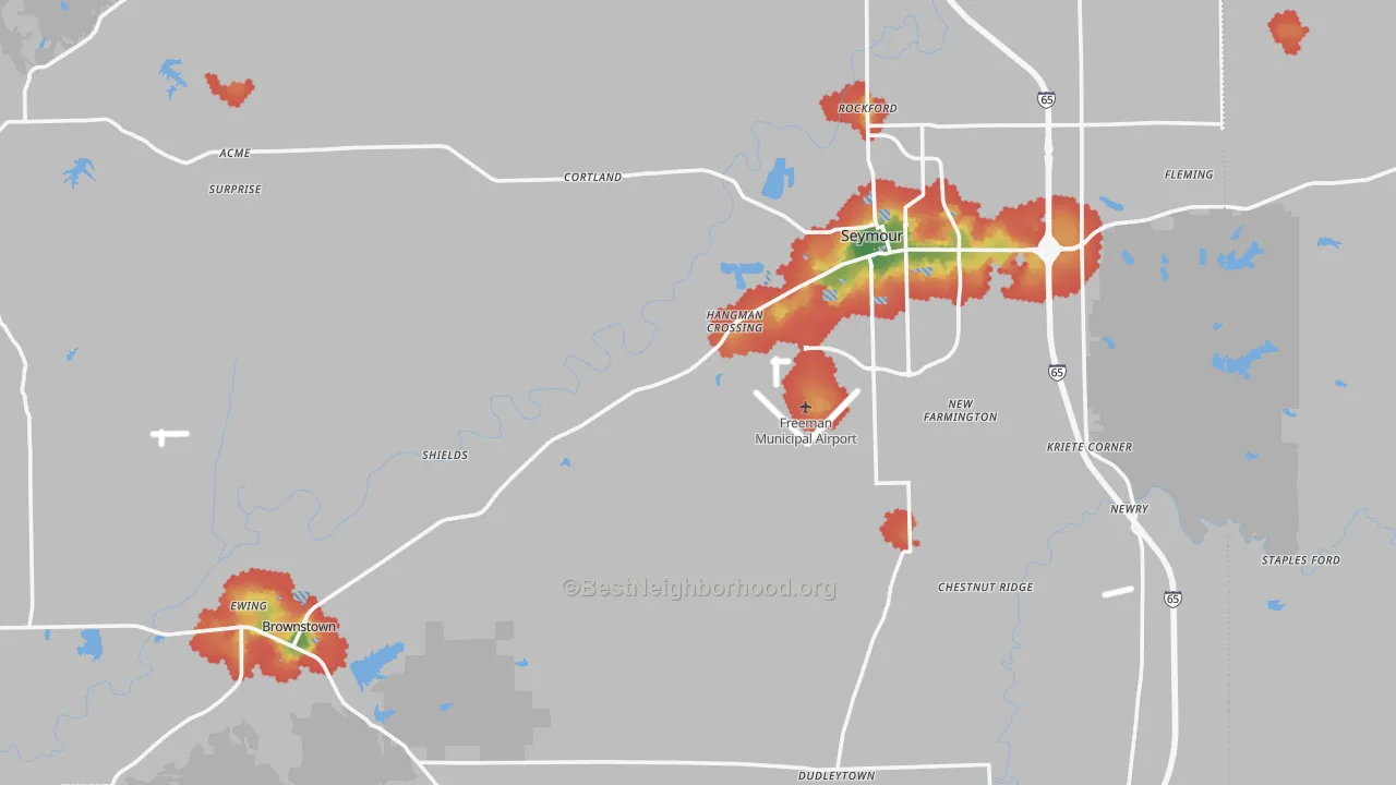 Walk Grade map of Jackson County, IN, walkable areas in green and car-dependent areas in red