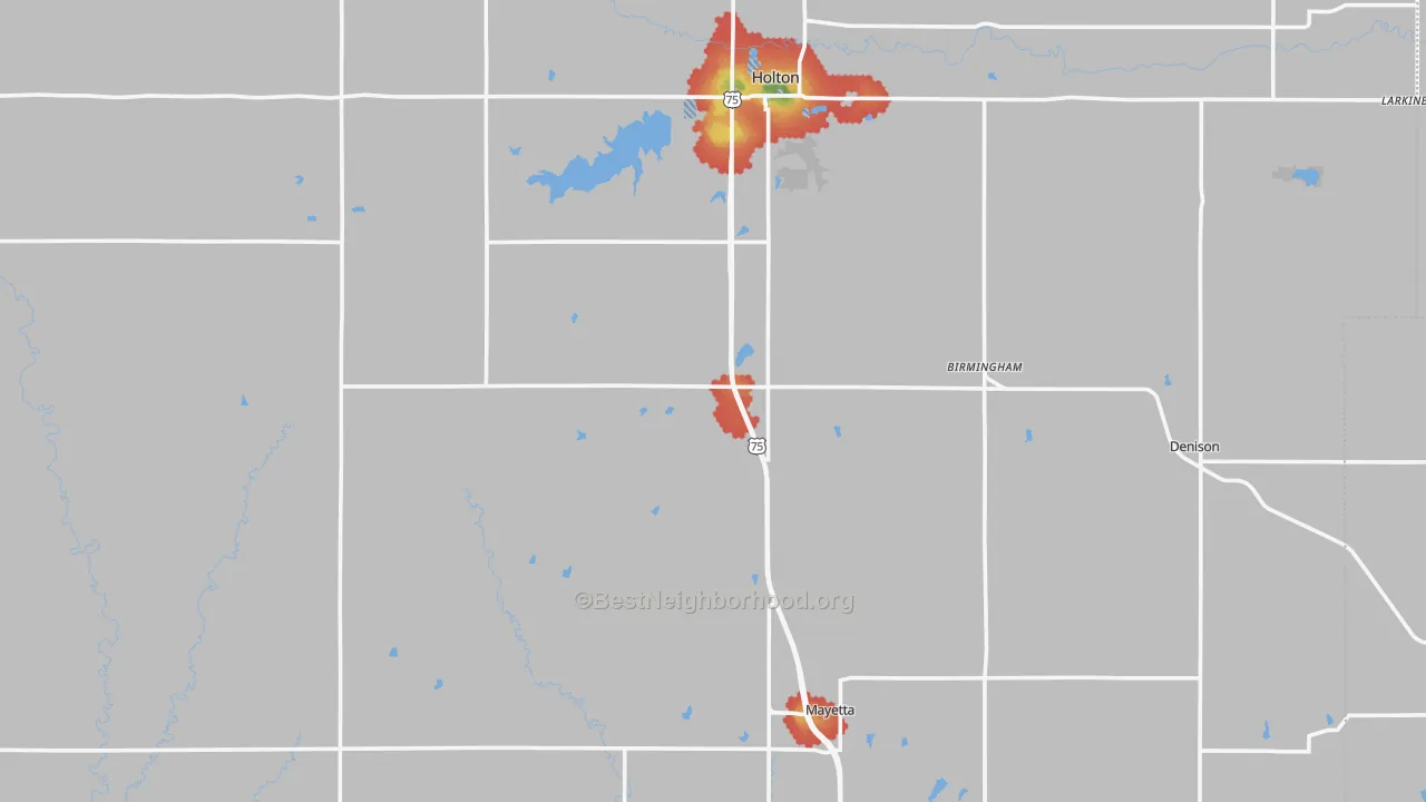 Walk Grade map of Jackson County, KS, walkable areas in green and car-dependent areas in red