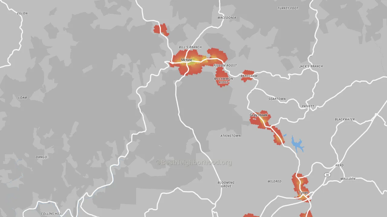 Walk Grade map of Jackson County, KY, walkable areas in green and car-dependent areas in red