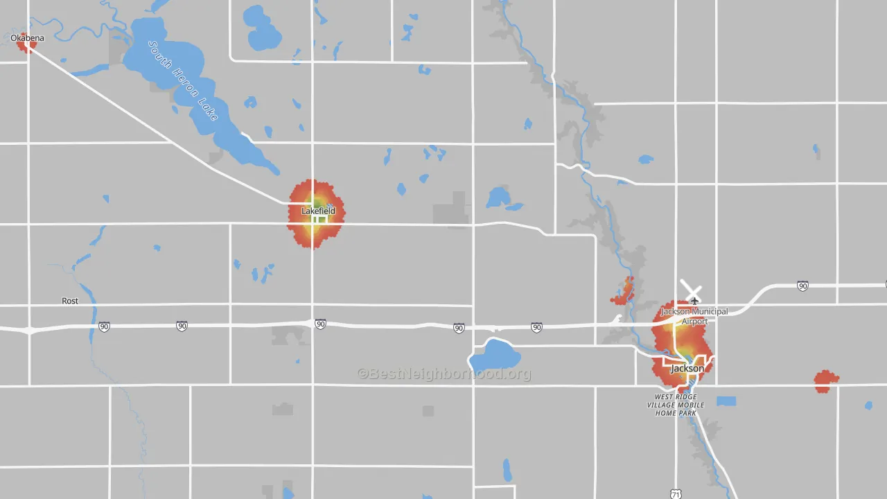 Walk Grade map of Jackson County, MN, walkable areas in green and car-dependent areas in red