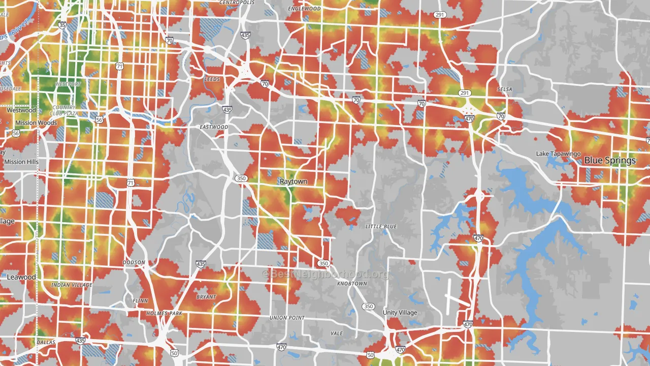 Walk Grade map of Jackson County, MO, walkable areas in green and car-dependent areas in red
