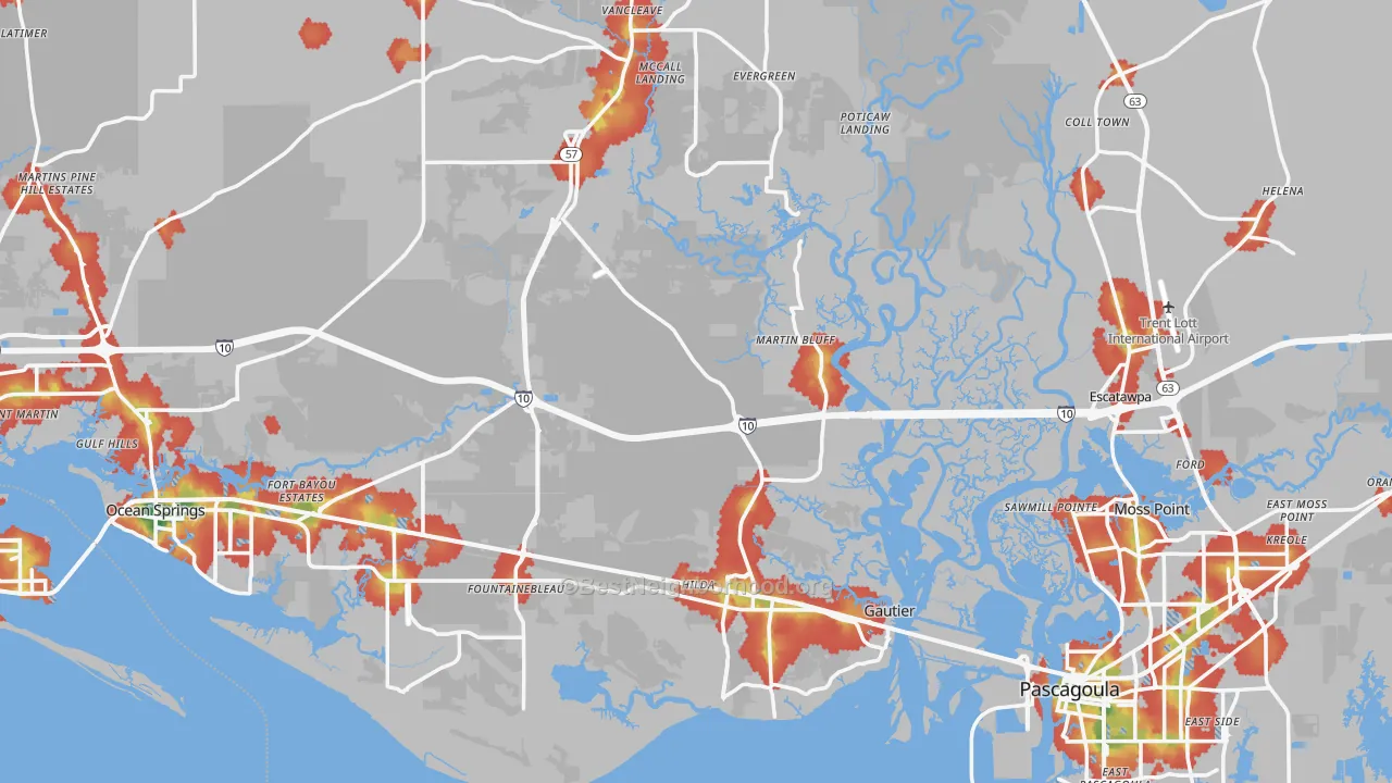 Walk Grade map of Jackson County, MS, walkable areas in green and car-dependent areas in red