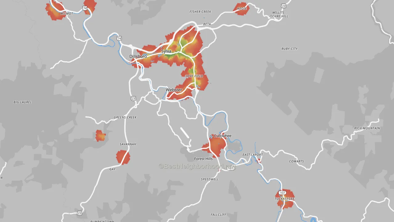 Walk Grade map of Jackson County, NC, walkable areas in green and car-dependent areas in red