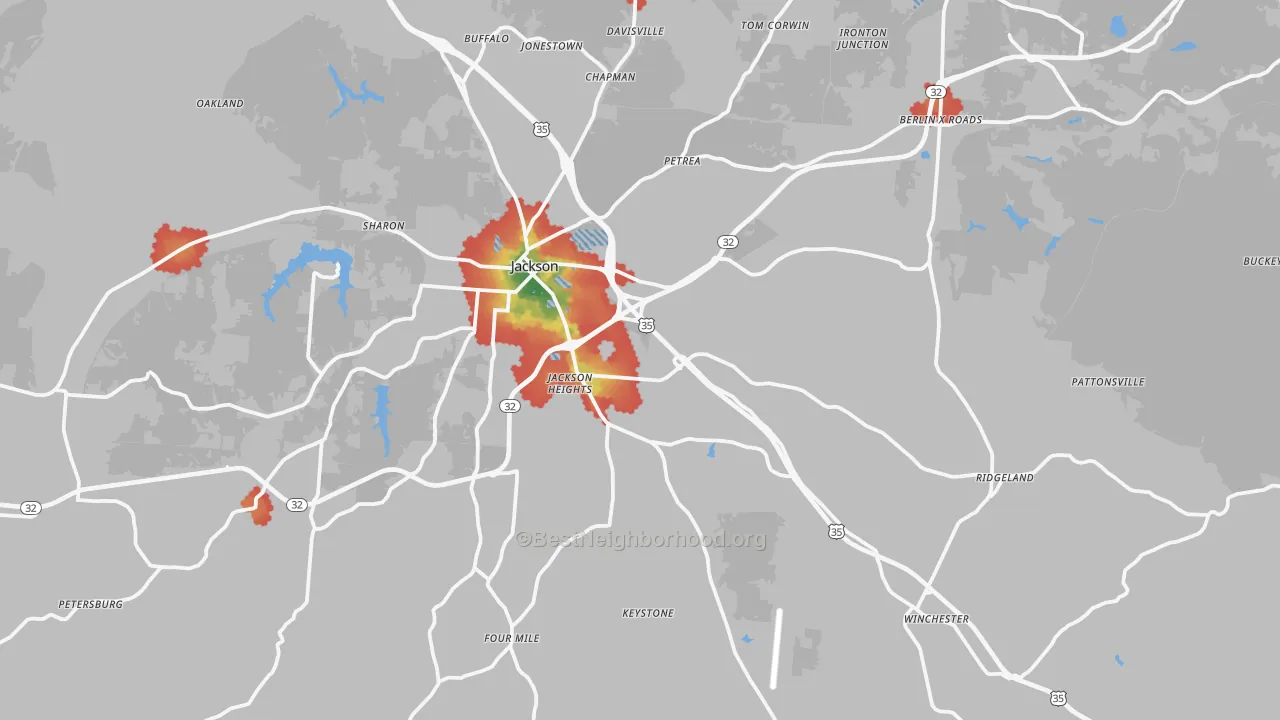 Walk Grade map of Jackson County, OH, walkable areas in green and car-dependent areas in red