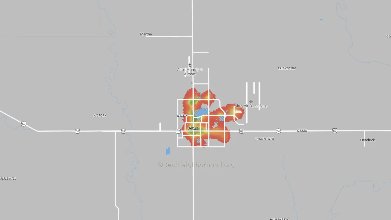 Walk Grade map of Jackson County, OK, walkable areas in green and car-dependent areas in red