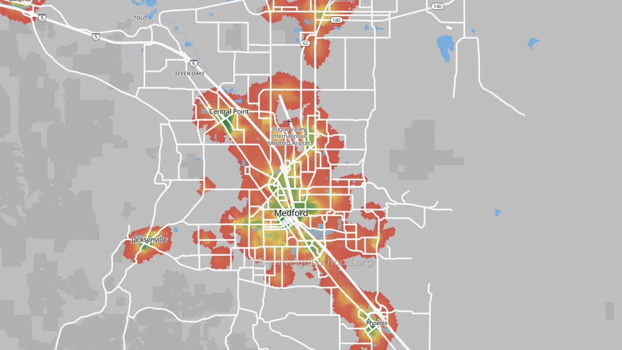 Walk Grade map of Jackson County, OR, walkable areas in green and car-dependent areas in red