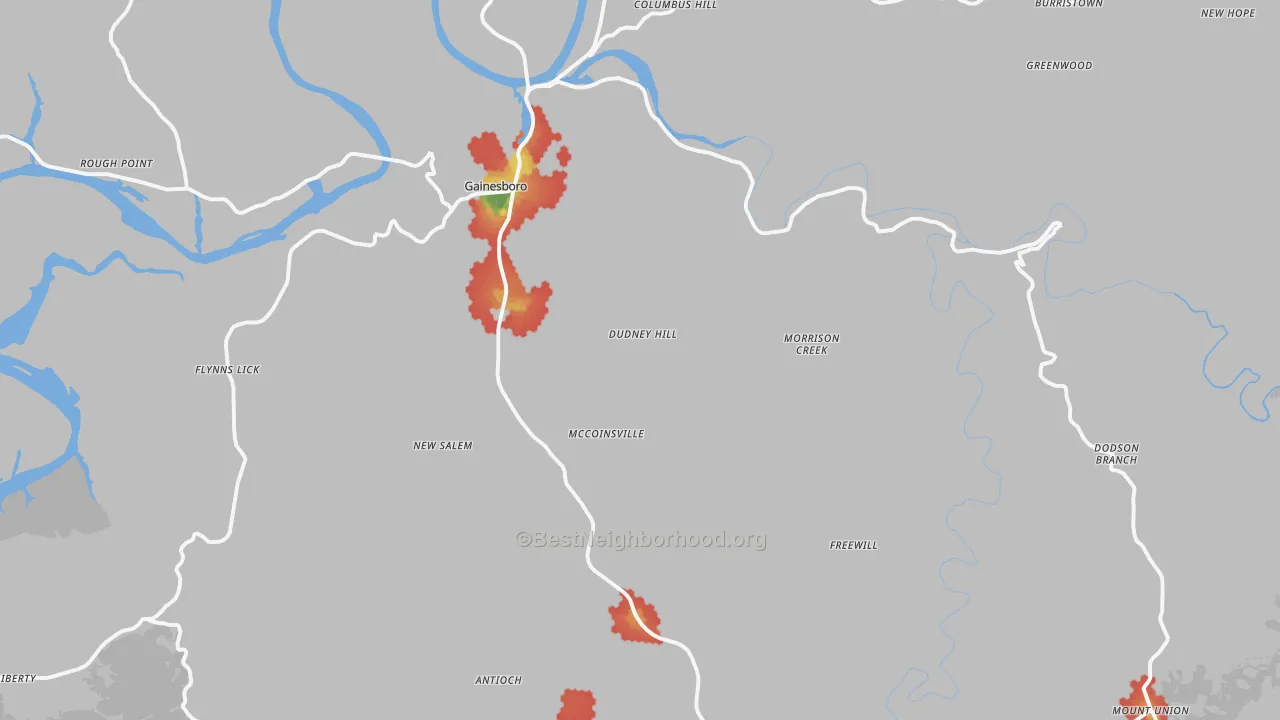 Walk Grade map of Jackson County, TN, walkable areas in green and car-dependent areas in red