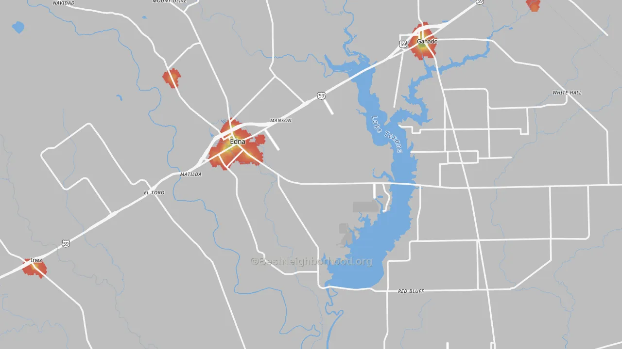 Walk Grade map of Jackson County, TX, walkable areas in green and car-dependent areas in red