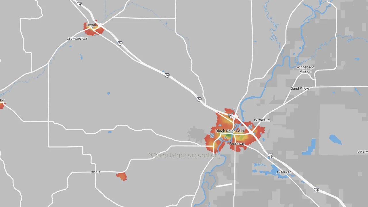 Walk Grade map of Jackson County, WI, walkable areas in green and car-dependent areas in red