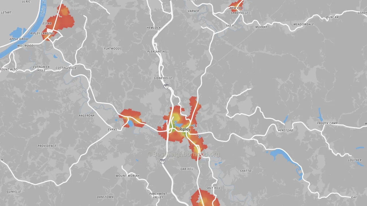 Walk Grade map of Jackson County, WV, walkable areas in green and car-dependent areas in red