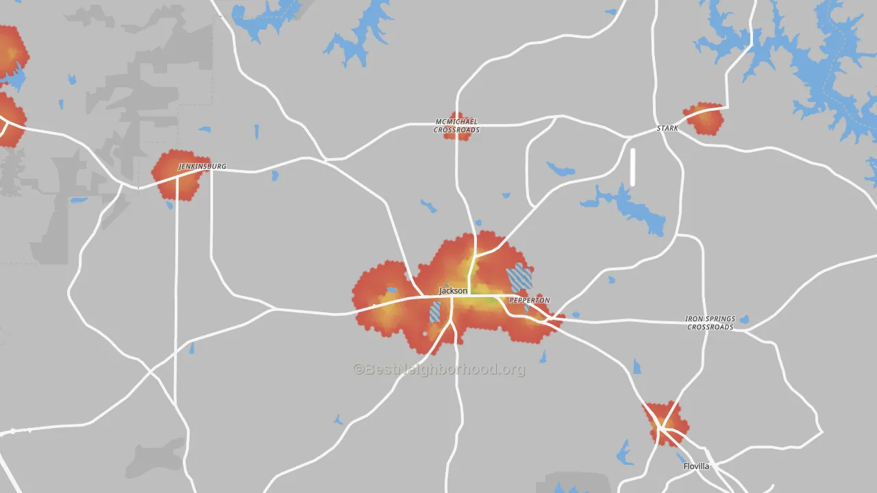 Walk Grade map of Jackson, GA, walkable areas in green and car-dependent areas in red