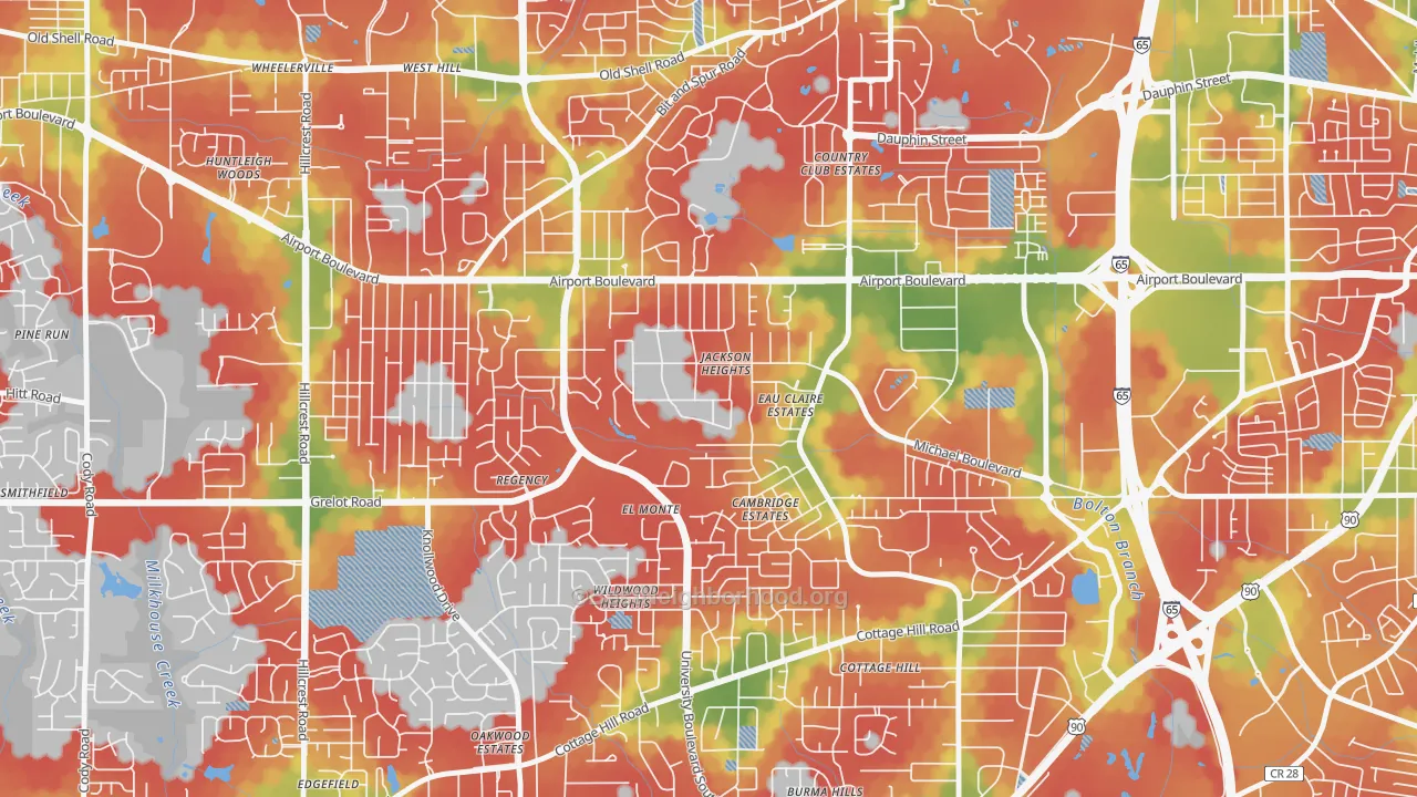 Walk Grade map of Jackson Heights, Mobile, AL, walkable areas in green and car-dependent areas in red