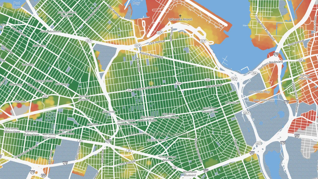 Walk Grade map of Jackson Heights-ny, Queens, NY, walkable areas in green and car-dependent areas in red