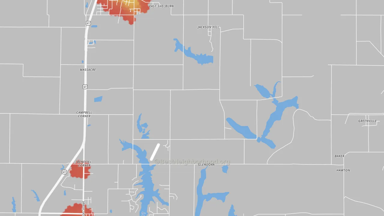 Walk Grade map of Jackson Hill, IN, walkable areas in green and car-dependent areas in red