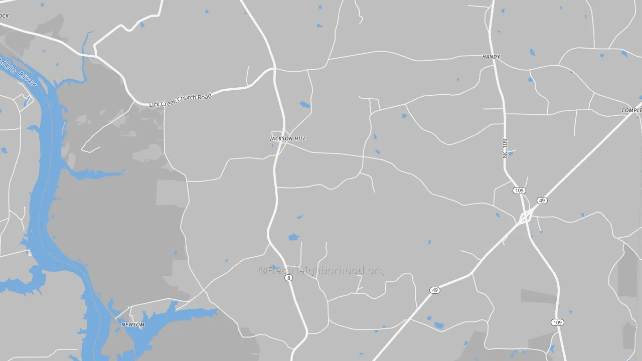 Walk Grade map of Jackson Hill, NC, walkable areas in green and car-dependent areas in red