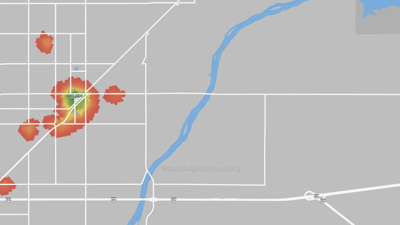 Walk Grade map of Jackson, ID, walkable areas in green and car-dependent areas in red