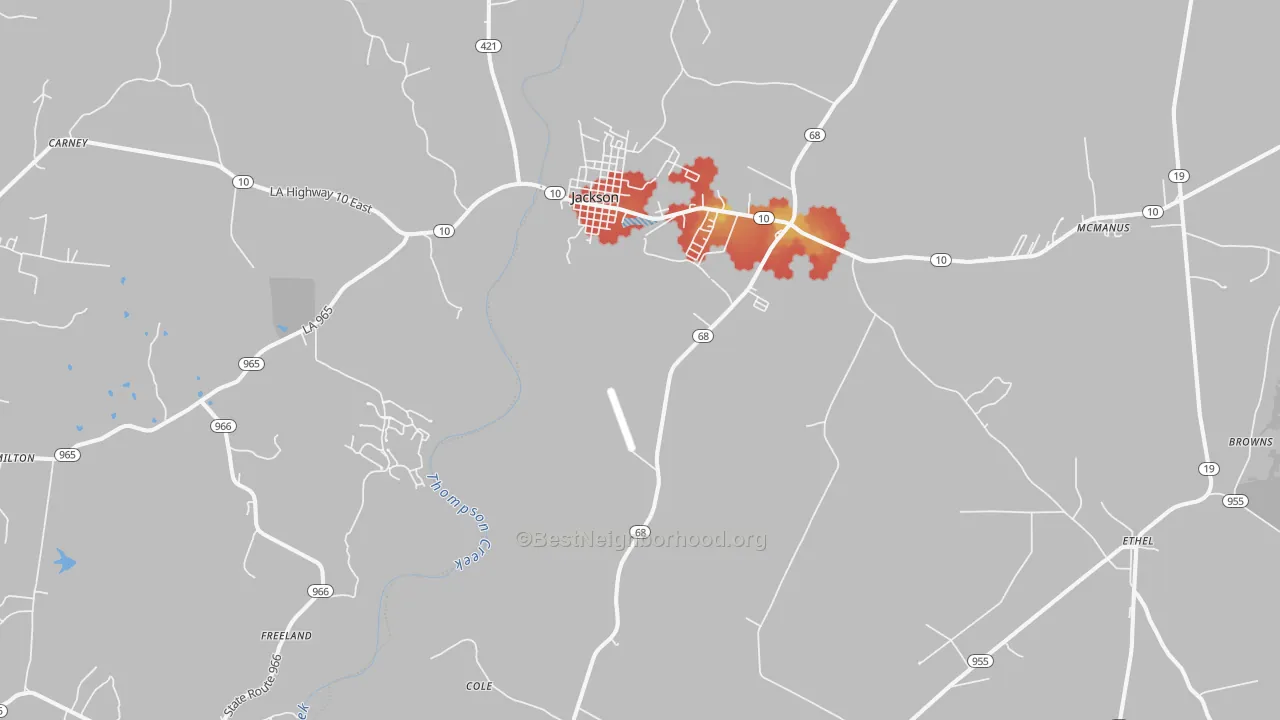 Walk Grade map of Jackson, LA, walkable areas in green and car-dependent areas in red
