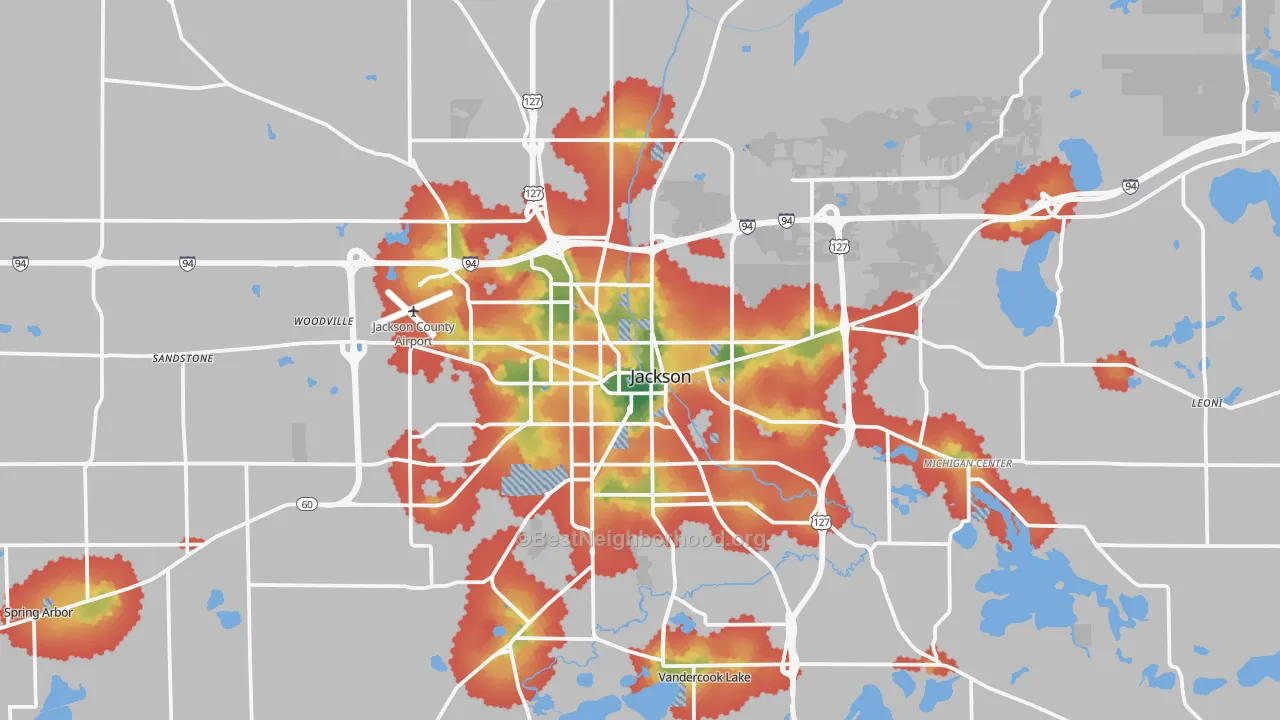 Walk Grade map of Jackson, MI, walkable areas in green and car-dependent areas in red