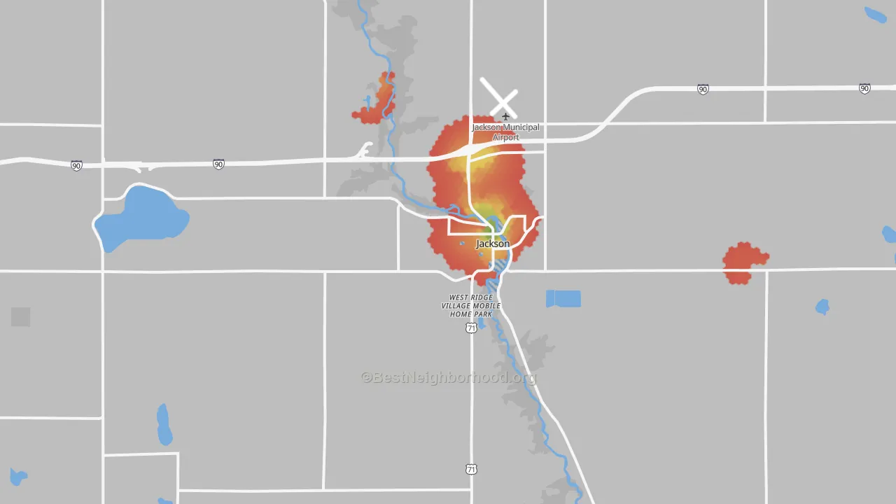 Walk Grade map of Jackson, MN, walkable areas in green and car-dependent areas in red