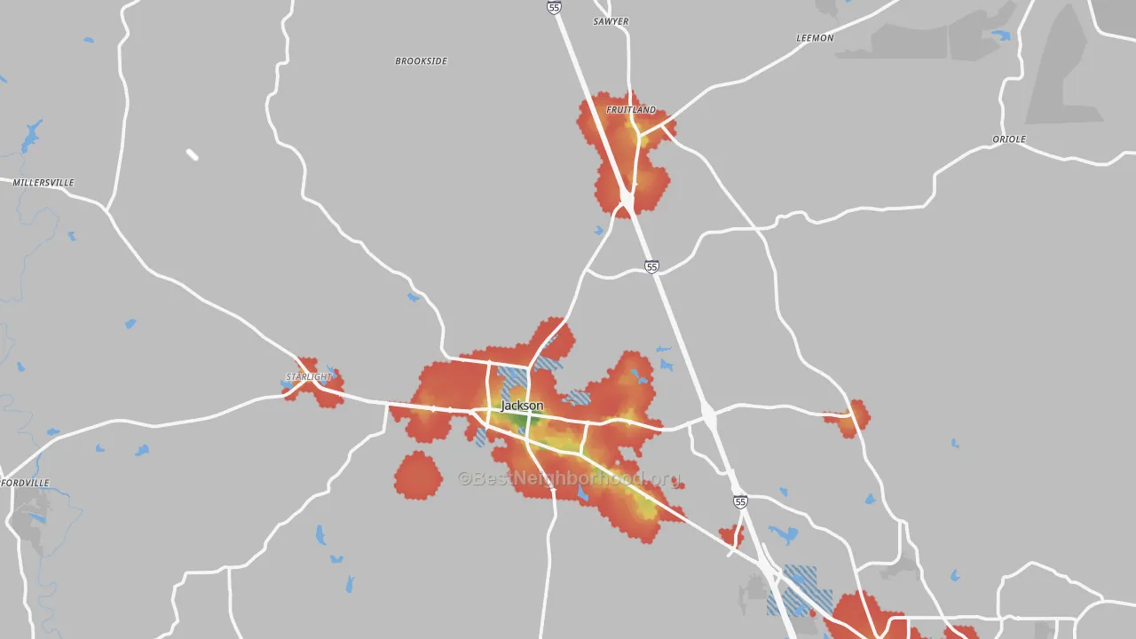 Walk Grade map of Jackson, MO, walkable areas in green and car-dependent areas in red