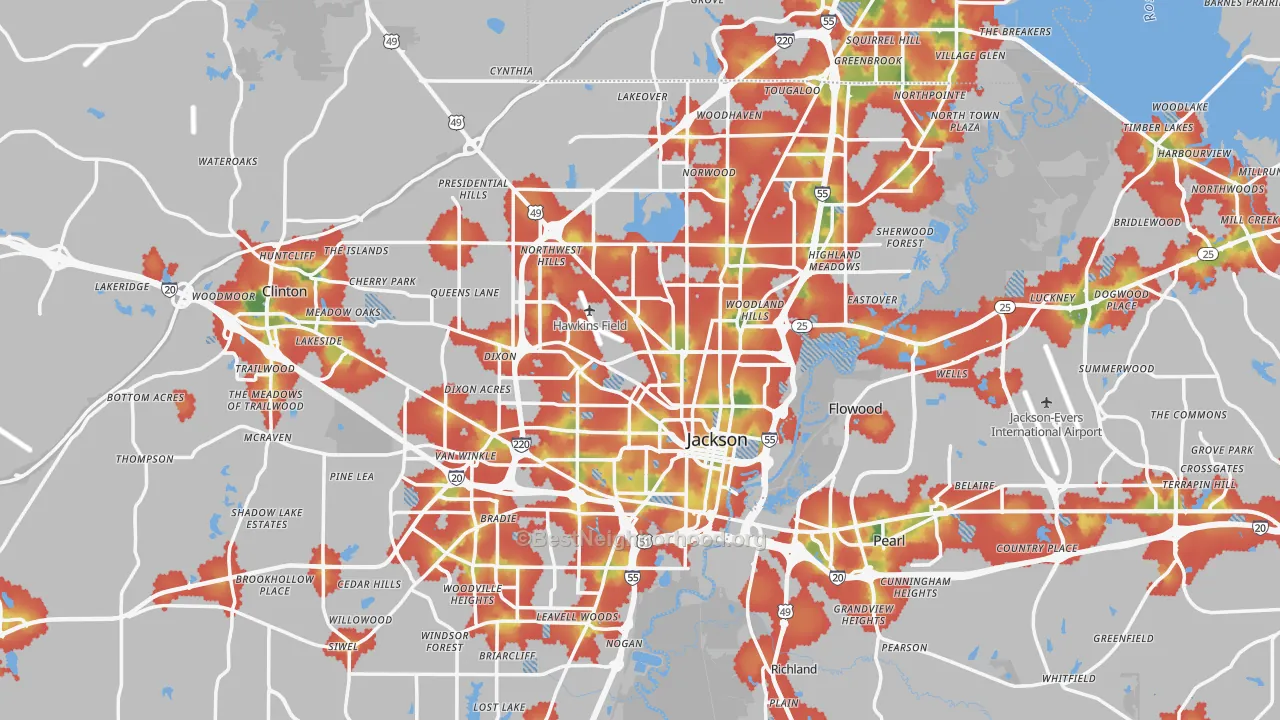 Walk Grade map of Jackson, MS, walkable areas in green and car-dependent areas in red
