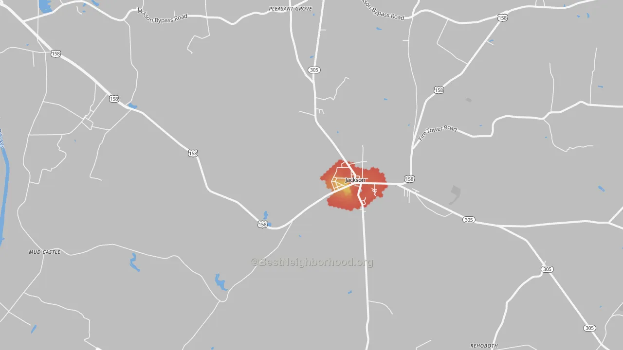 Walk Grade map of Jackson, NC, walkable areas in green and car-dependent areas in red