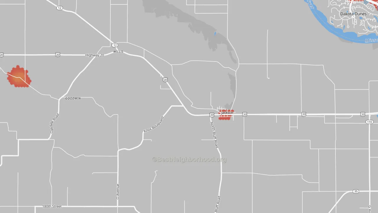 Walk Grade map of Jackson, NE, walkable areas in green and car-dependent areas in red