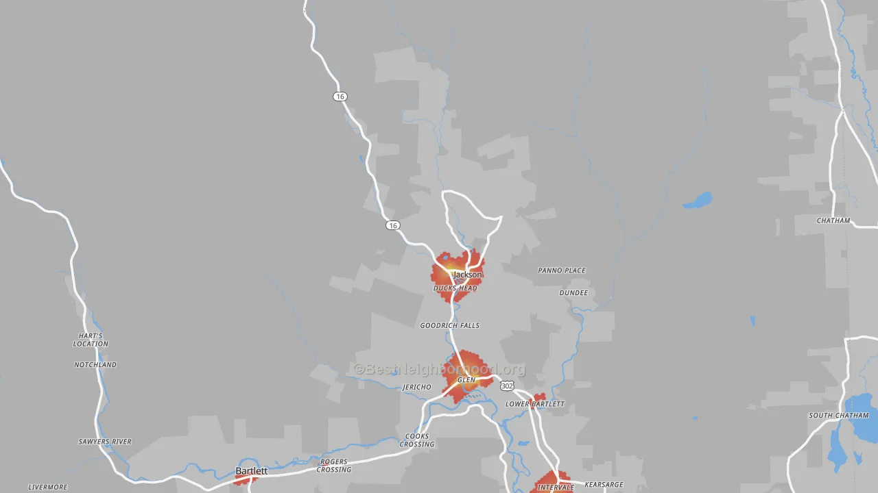 Walk Grade map of Jackson, NH, walkable areas in green and car-dependent areas in red