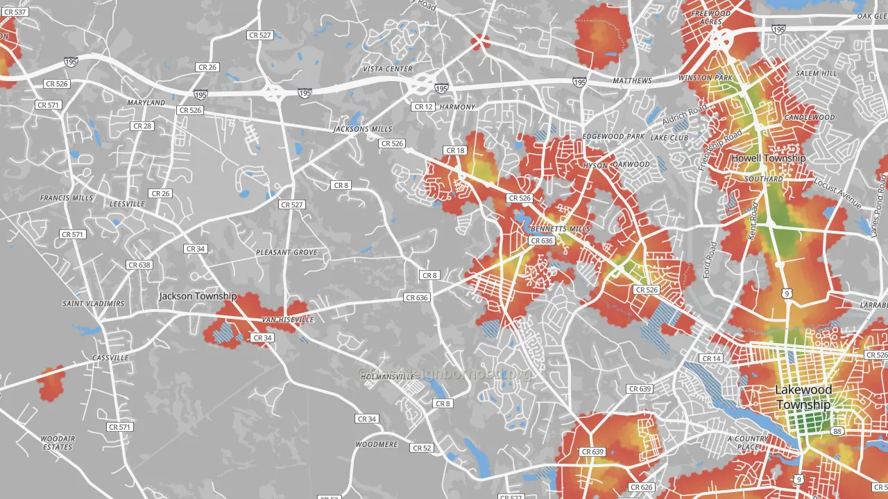 Walk Grade map of Jackson, NJ, walkable areas in green and car-dependent areas in red