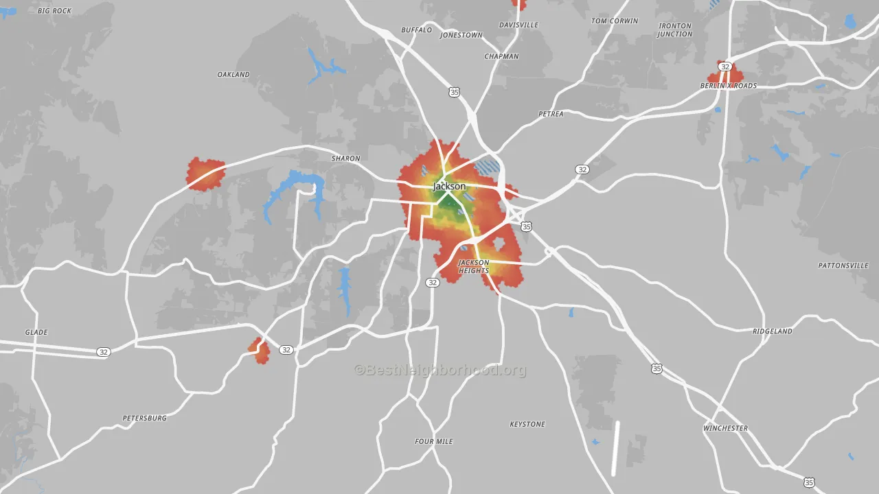 Walk Grade map of Jackson, OH, walkable areas in green and car-dependent areas in red