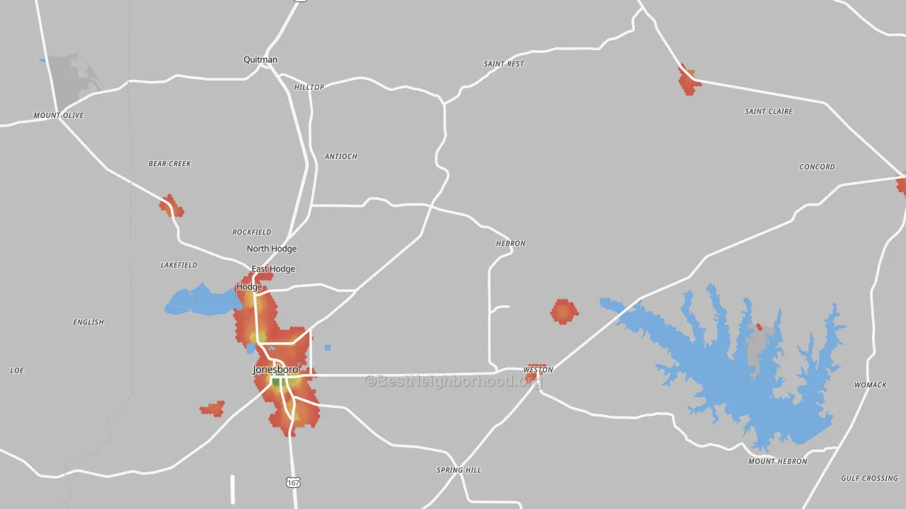 Walk Grade map of Jackson Parish, LA, walkable areas in green and car-dependent areas in red