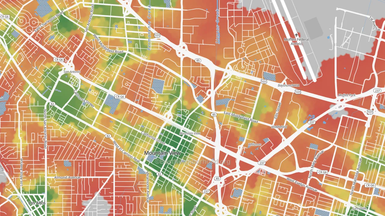 Walk Grade map of Jackson Park, Mountain View, CA, walkable areas in green and car-dependent areas in red