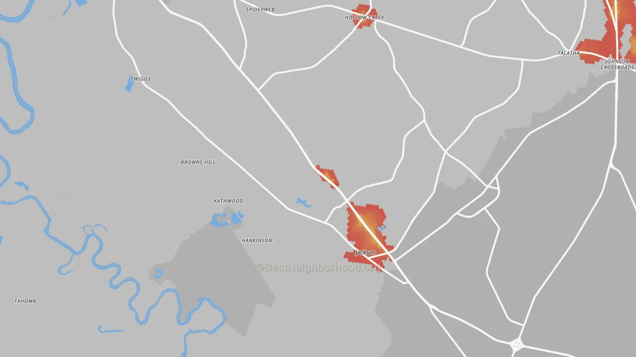 Walk Grade map of Jackson, SC, walkable areas in green and car-dependent areas in red