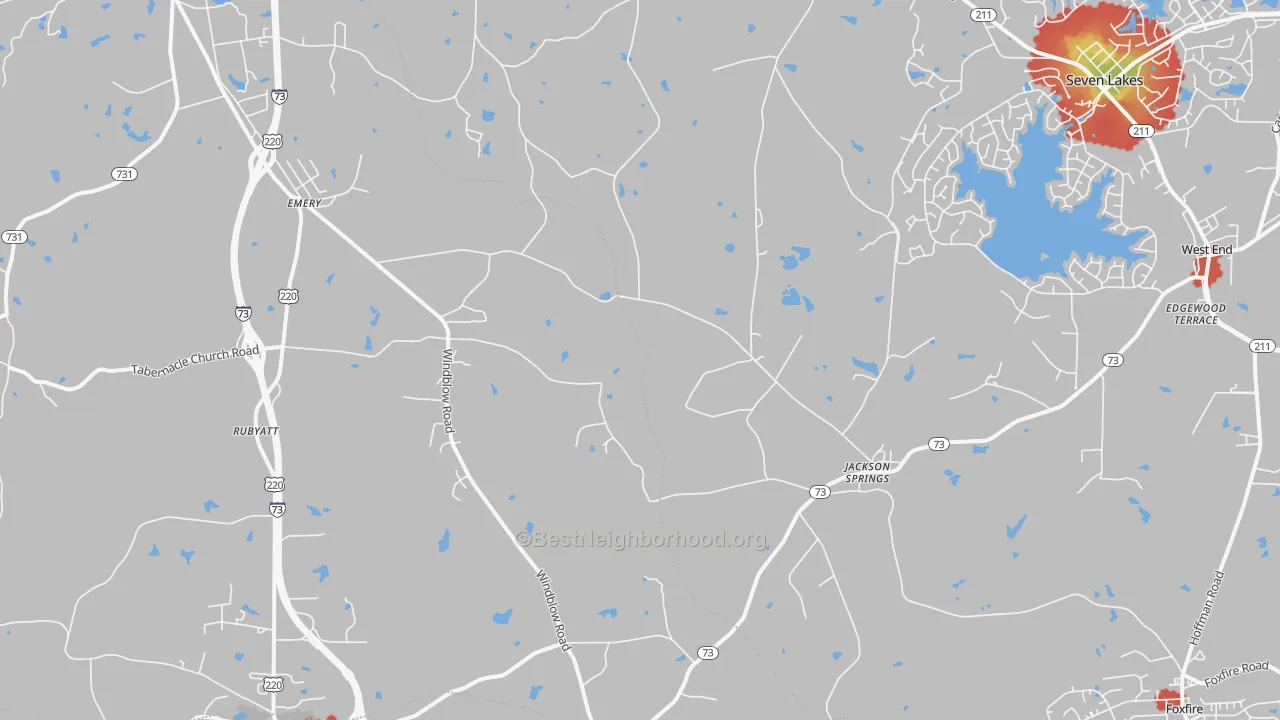Walk Grade map of Jackson Springs, NC, walkable areas in green and car-dependent areas in red