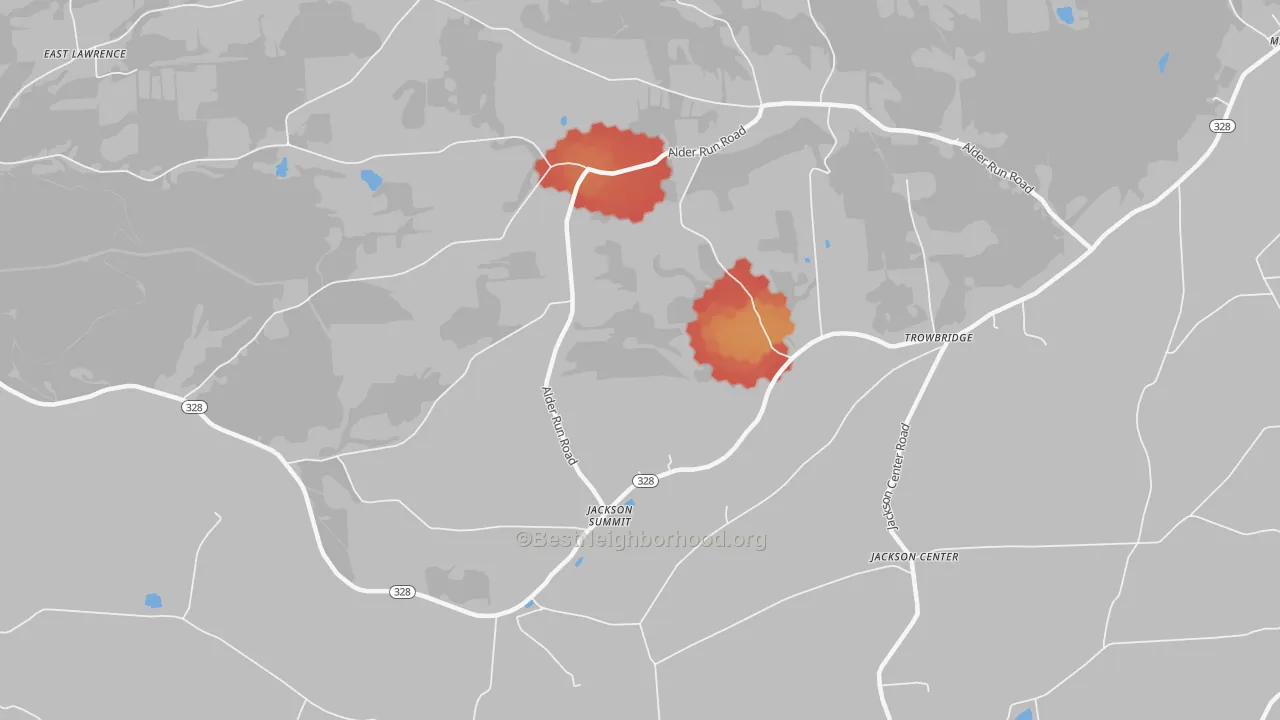 Walk Grade map of Jackson Summit, PA, walkable areas in green and car-dependent areas in red