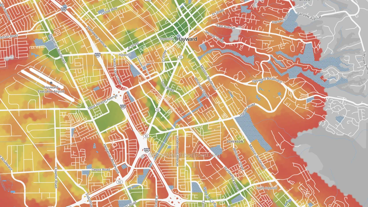 Walk Grade map of Jackson Triangle, Hayward, CA, walkable areas in green and car-dependent areas in red