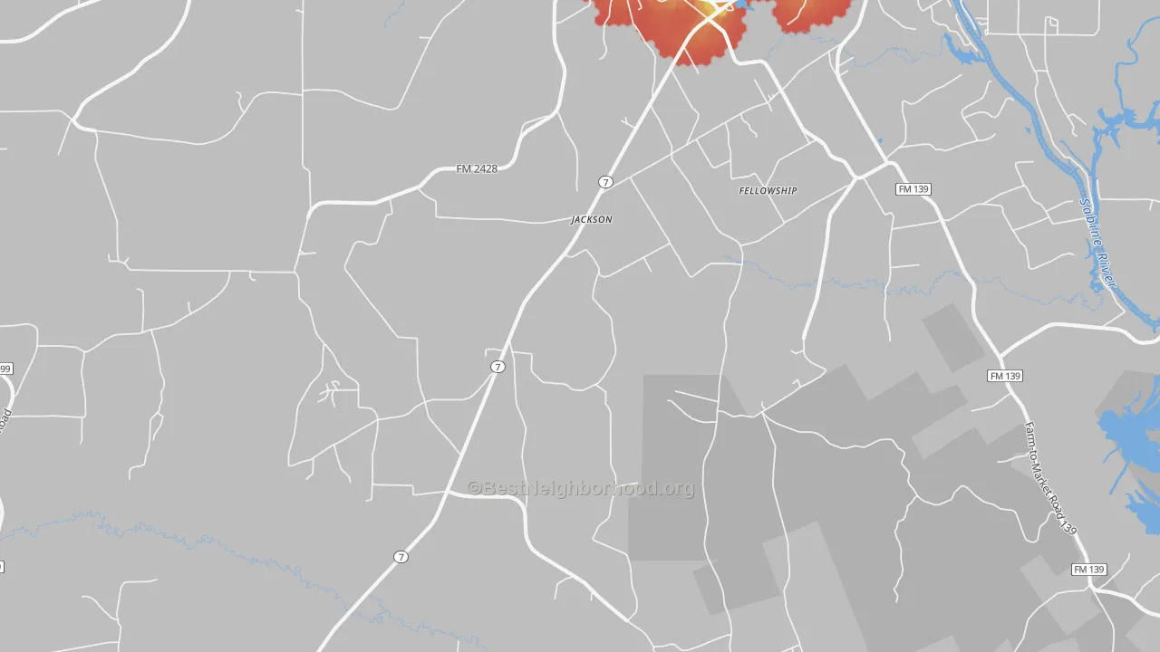 Walk Grade map of Jackson, TX, walkable areas in green and car-dependent areas in red
