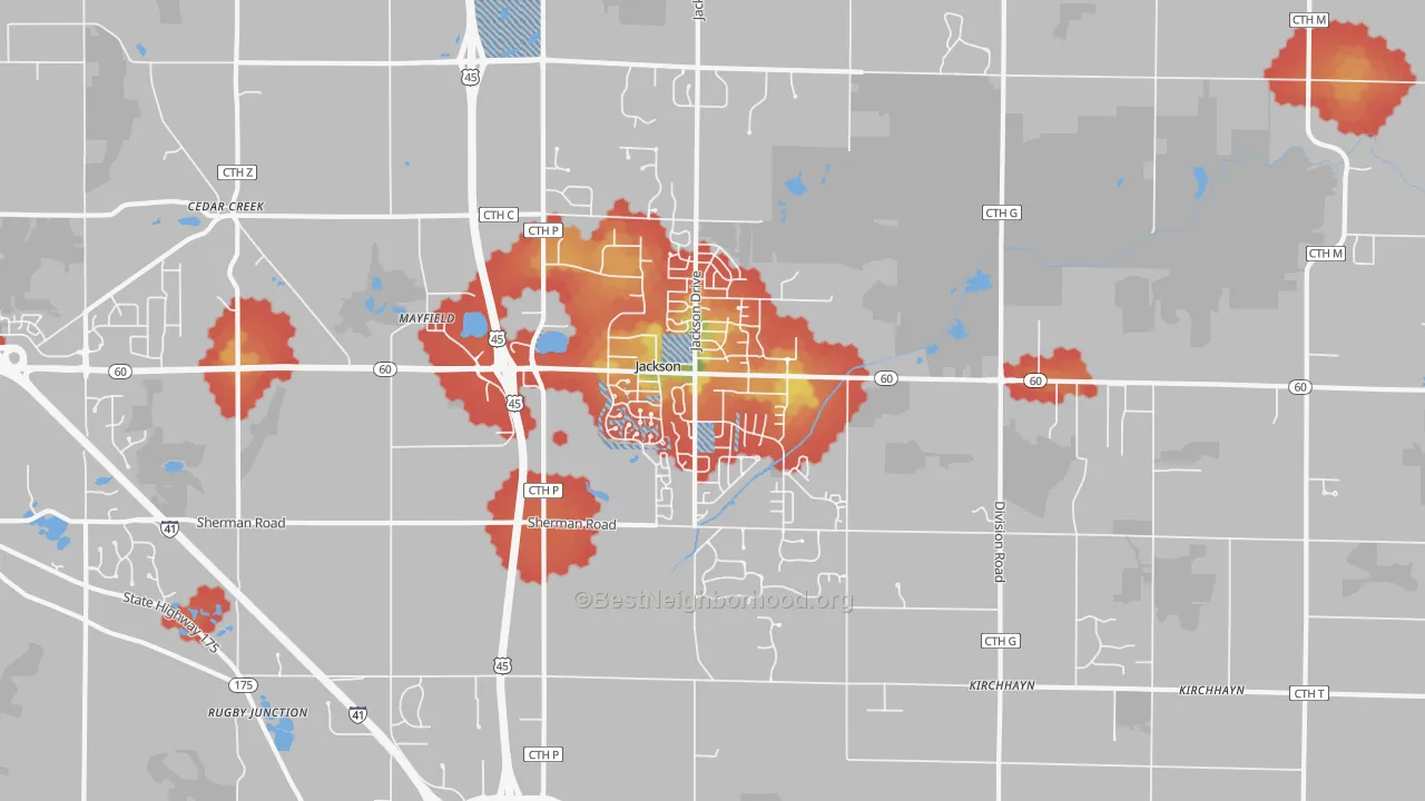 Walk Grade map of Jackson, WI, walkable areas in green and car-dependent areas in red