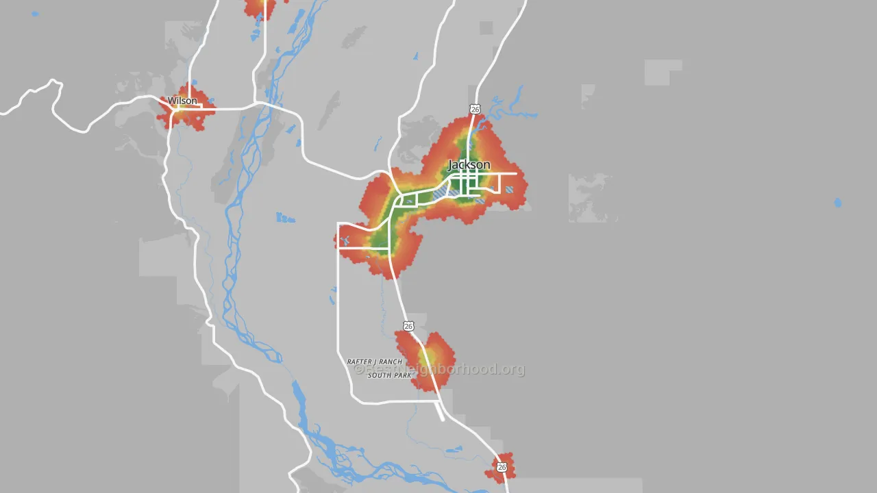 Walk Grade map of Jackson, WY, walkable areas in green and car-dependent areas in red